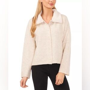 CeCe‎ NEW Women’s Cardigan with Faux Fur Collar Heather Ivory size L
